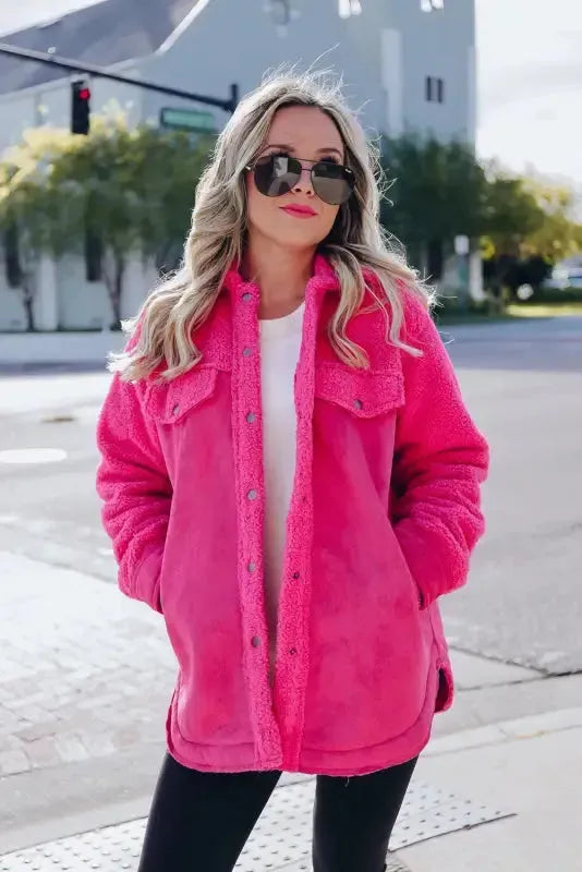 Faux Suede Sherpa Shacket - Button-up Dark Pink