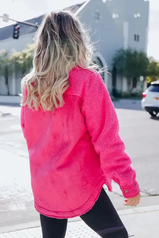 Faux Suede Sherpa Shacket - Button-up Dark Pink