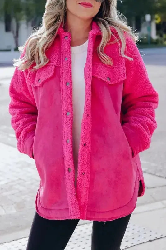Faux Suede Sherpa Shacket - Button-up Dark Pink