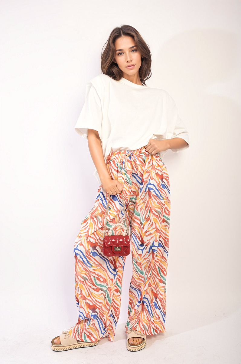 Pleated Wide Leg and Elastic Waist Trousers-4