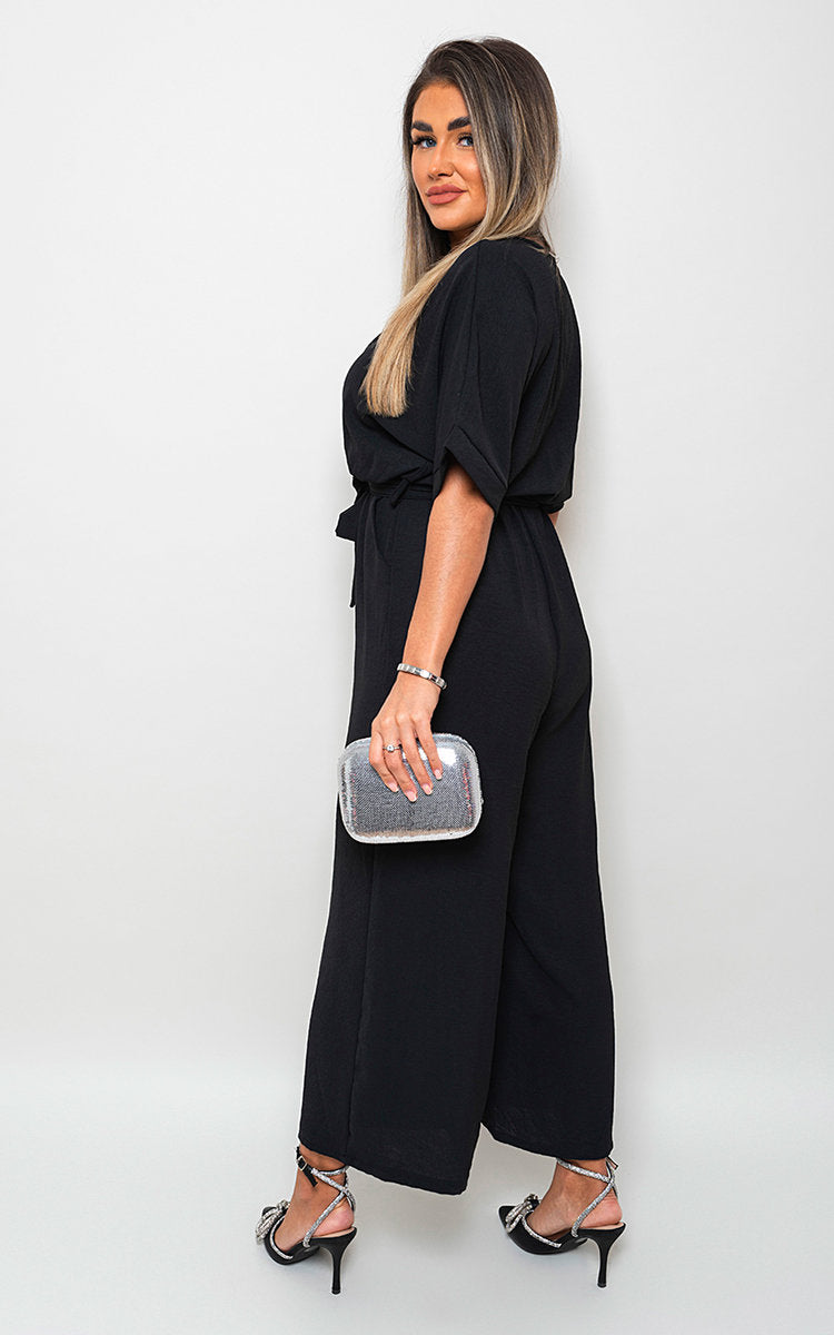 V Neck Tie Waist Short Sleeve Jumpsuit-9