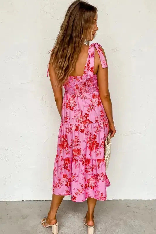Pink Tie Straps Tiered Floral Dress