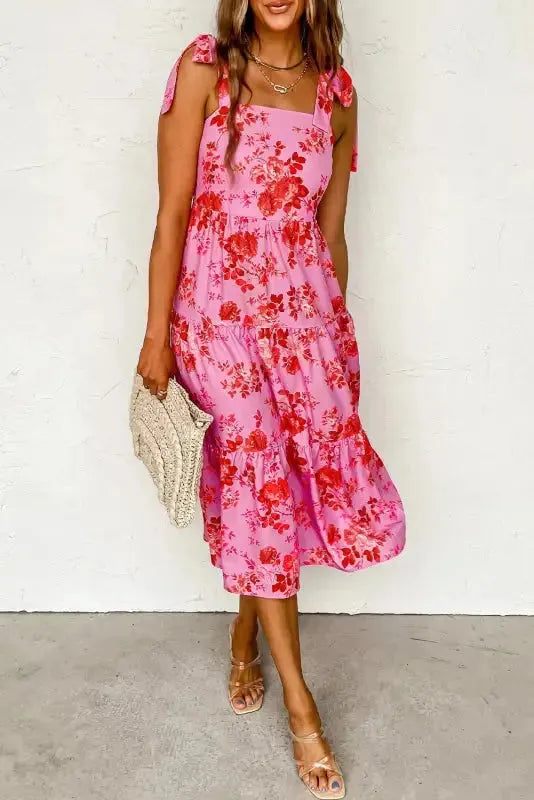 Pink Tie Straps Tiered Floral Dress