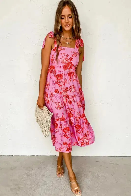 Pink Tie Straps Tiered Floral Dress