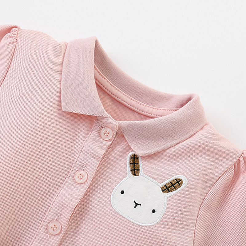 Summer Arrival Cartoon Rabbit Pattern Short Sleeves Turn-down Collar Dress for Stylish Girls
