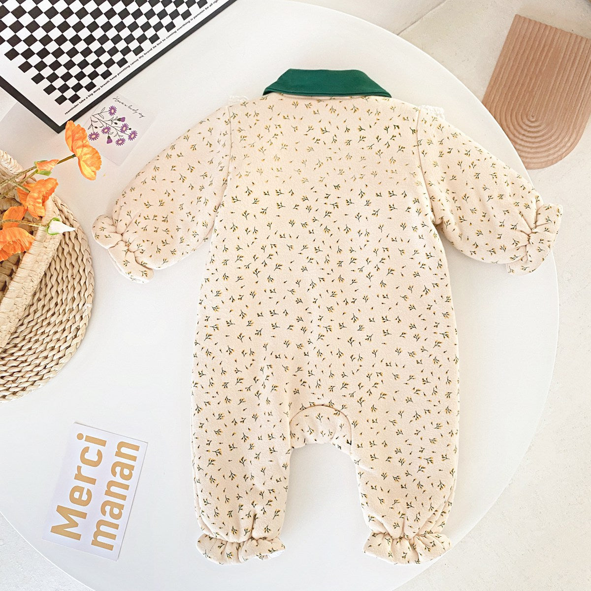 Baby Girl Flower Print Mesh Patchwork Fleece Thickened Romper