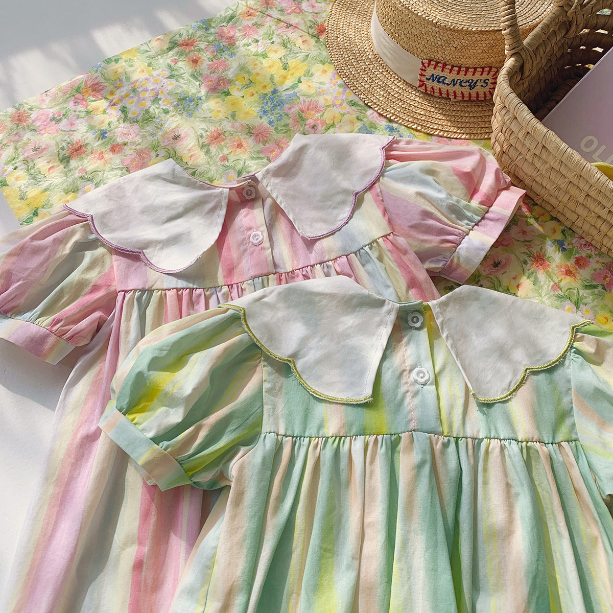 Summer Arrival Baby Kids Girls Short Sleeves Geometric Pattern Embroidered Striped Dress