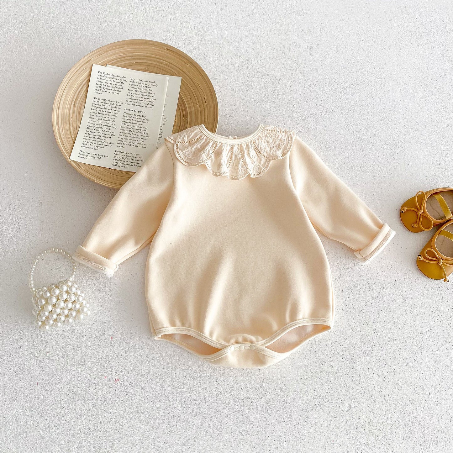 Newborn Baby Girls Crew Neck Lace Collar Long Sleeves Solid Beige Thick Warm Onesie