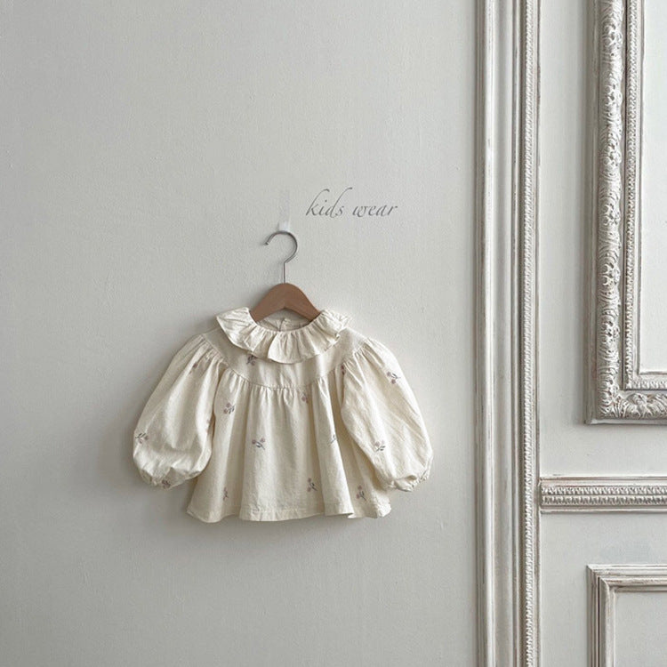 Baby Flower Embroidered Pattern Ruffle Lapel Design Quality Onesies & Shirt