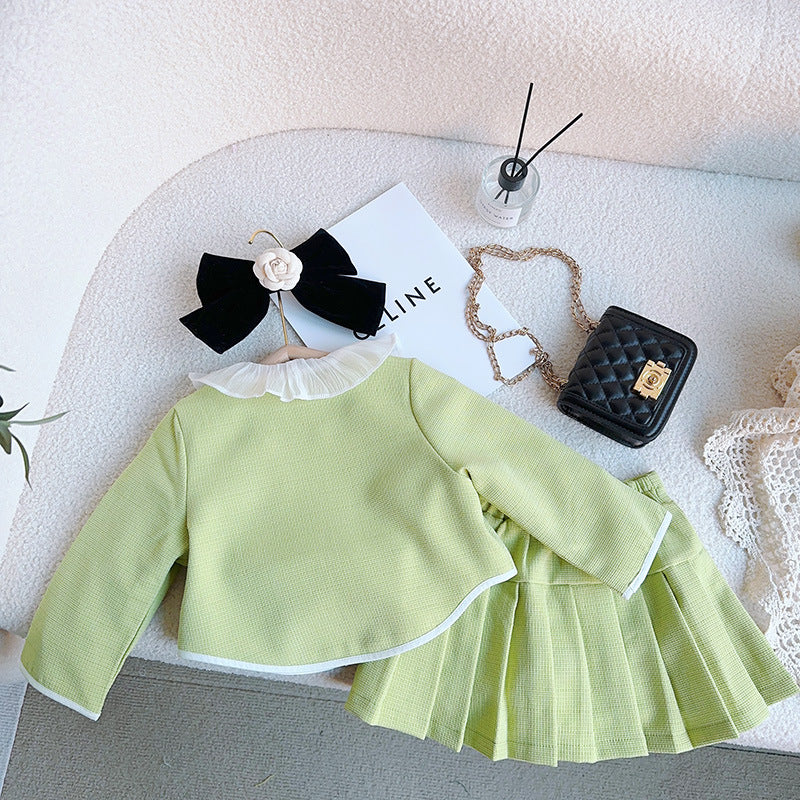 Girls Solid Green Ruffle Lace Neck Pockets Cardigan&Skirt Casual Sets
