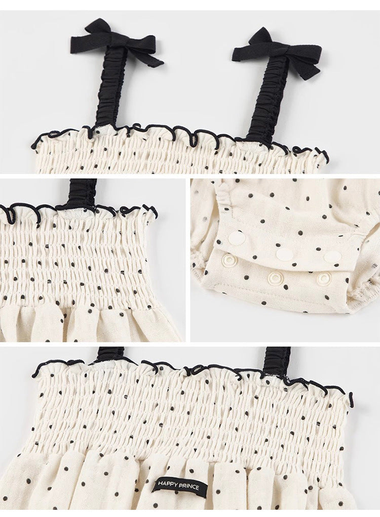 Summer Arrival Baby Girls Cute Dots Pattern Sleeveless Pleated Strap Onesies