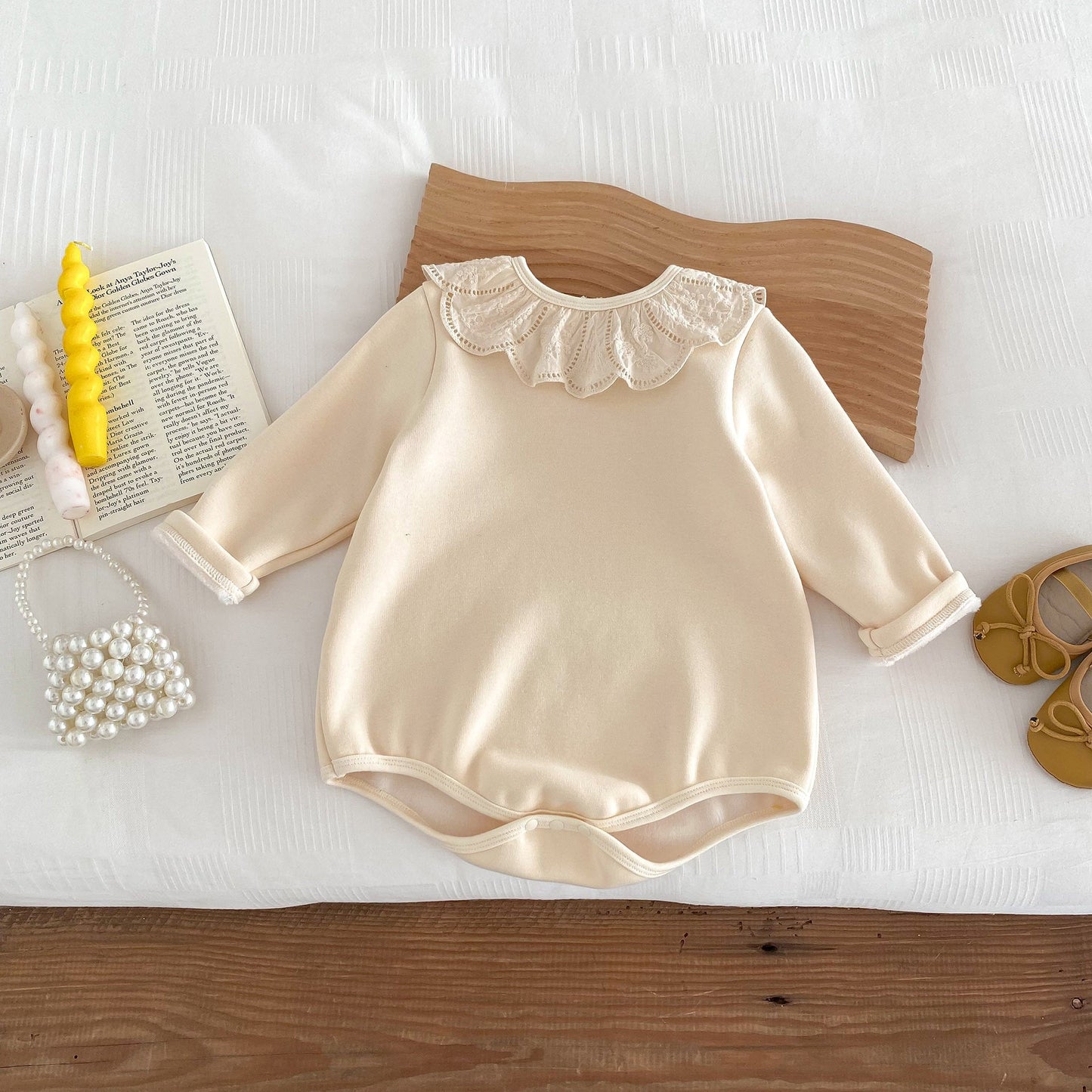 Newborn Baby Girls Crew Neck Lace Collar Long Sleeves Solid Beige Thick Warm Onesie