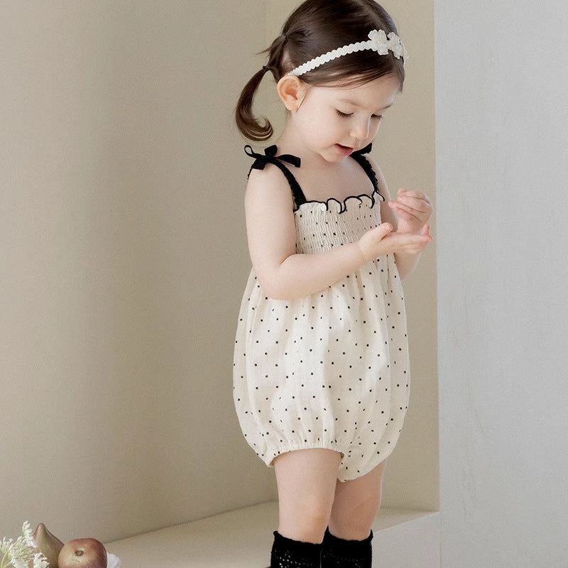 Summer Arrival Baby Girls Cute Dots Pattern Sleeveless Pleated Strap Onesies