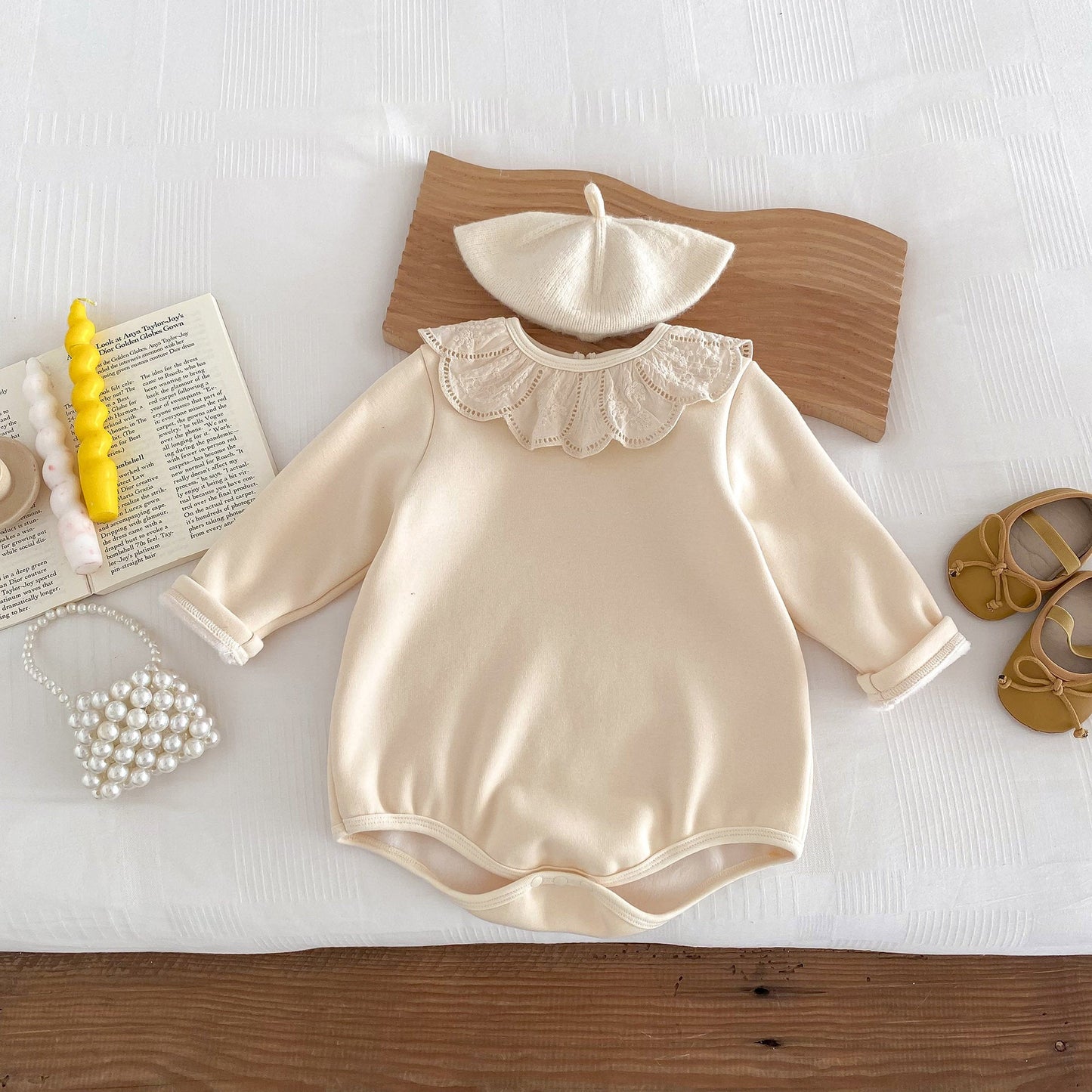 Newborn Baby Girls Crew Neck Lace Collar Long Sleeves Solid Beige Thick Warm Onesie