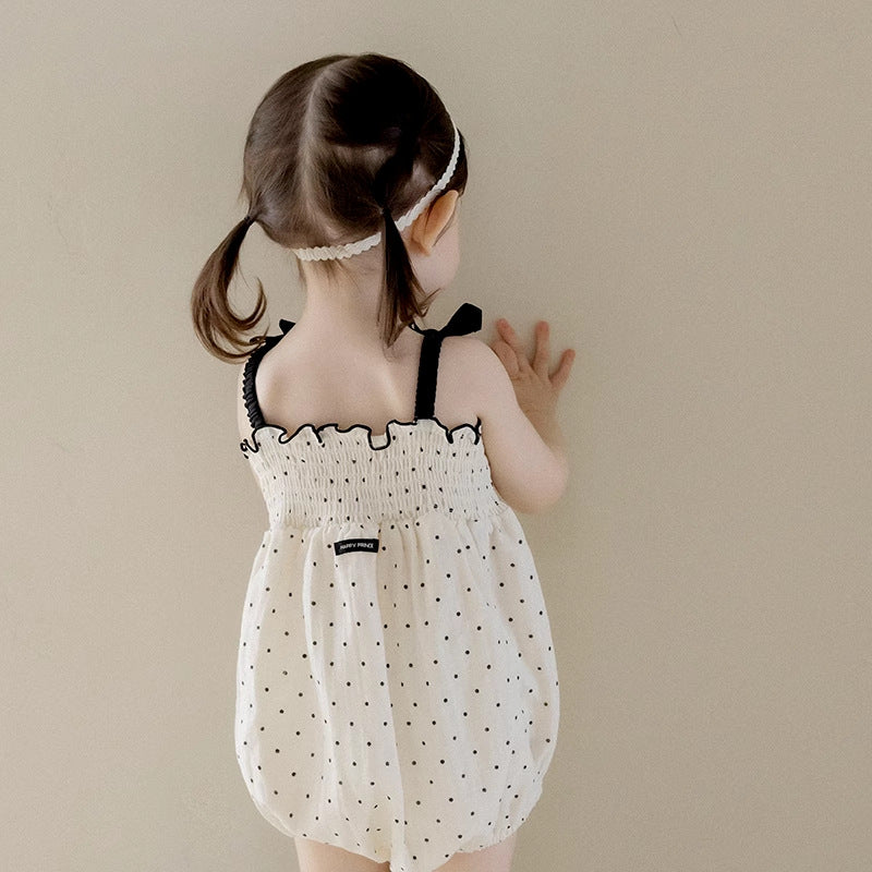 Summer Arrival Baby Girls Cute Dots Pattern Sleeveless Pleated Strap Onesies