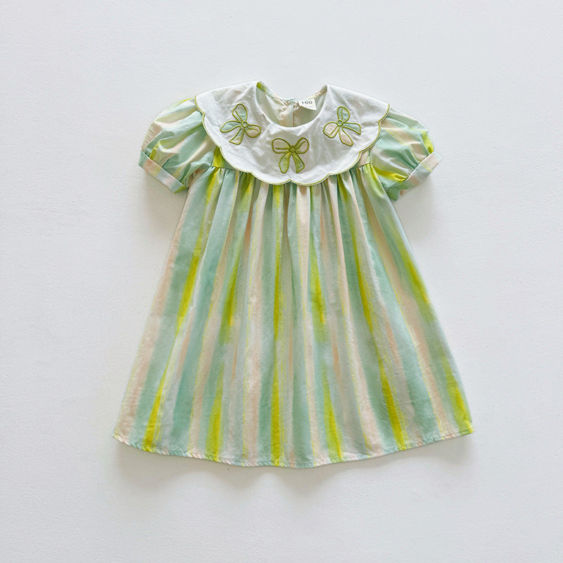 Summer Arrival Baby Kids Girls Short Sleeves Geometric Pattern Embroidered Striped Dress