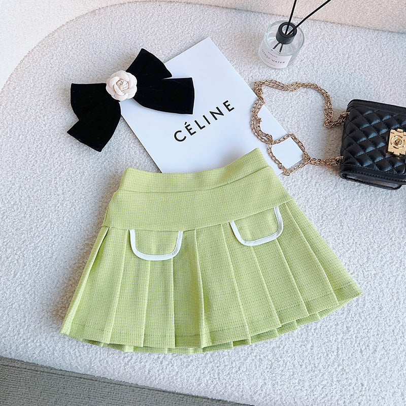 Girls Solid Green Ruffle Lace Neck Pockets Cardigan&Skirt Casual Sets