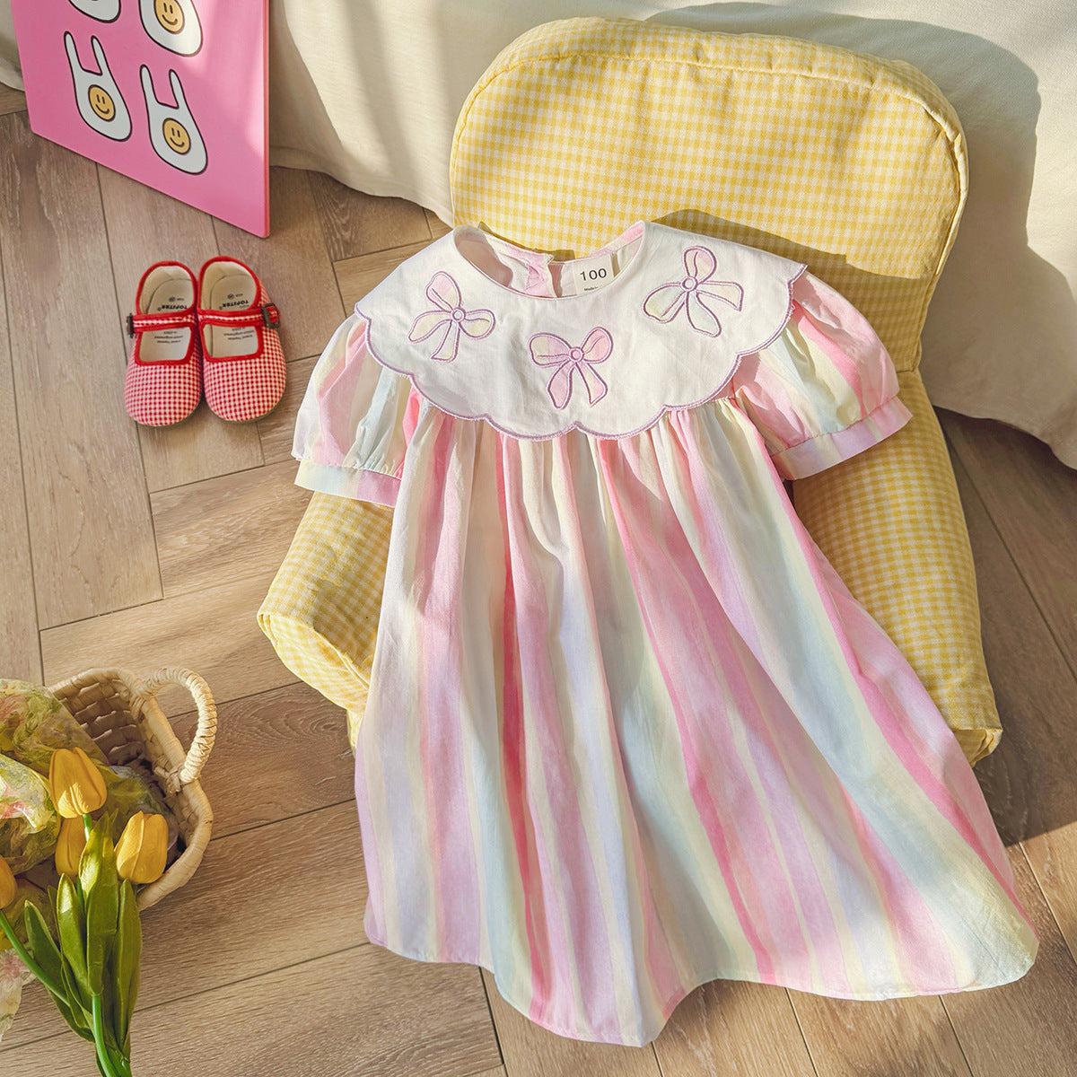 Summer Arrival Baby Kids Girls Short Sleeves Geometric Pattern Embroidered Striped Dress