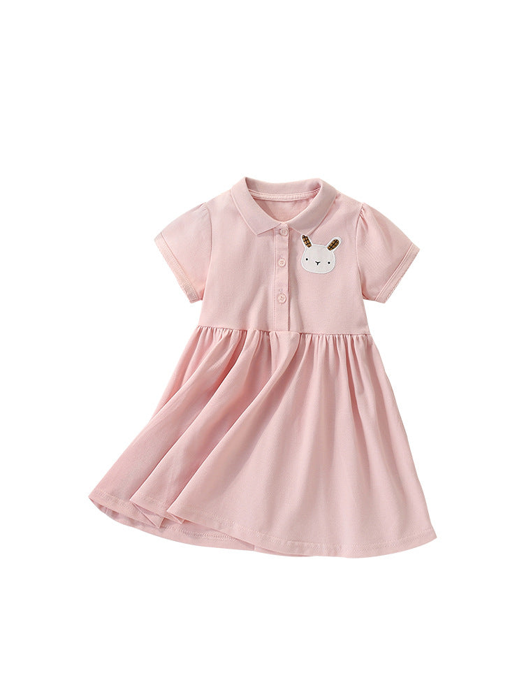 Summer Arrival Cartoon Rabbit Pattern Short Sleeves Turn-down Collar Dress for Stylish Girls
