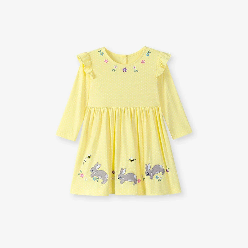 Autumn Arrival Cartoon Rabbits and Flowers Pattern Long Sleeves Crew Neck Dress for Stylish Girls