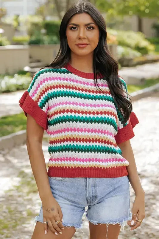 Ruffle Sleeve Colorful Textured Sweater