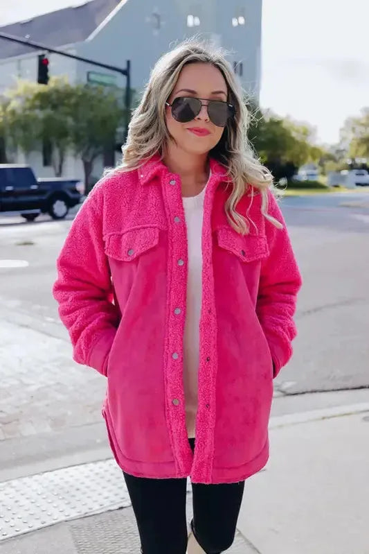 Faux Suede Sherpa Shacket - Button-up Dark Pink