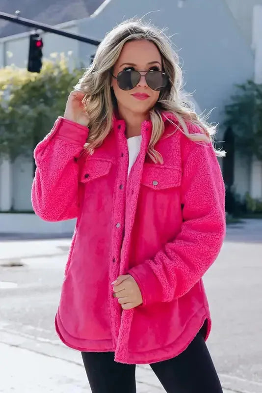 Faux Suede Sherpa Shacket - Button-up Dark Pink