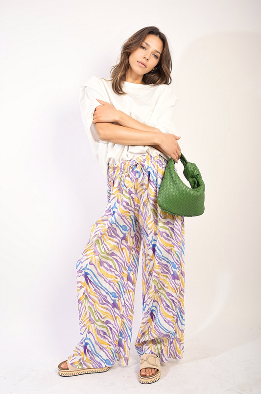 Pleated Wide Leg and Elastic Waist Trousers-0