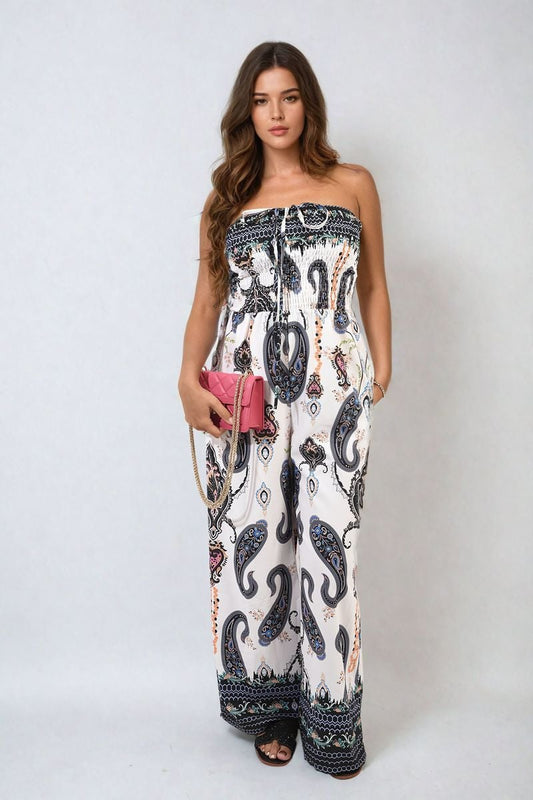 Shirred Strapless Printed Jumpsuit-0