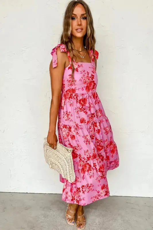 Pink Tie Straps Tiered Floral Dress