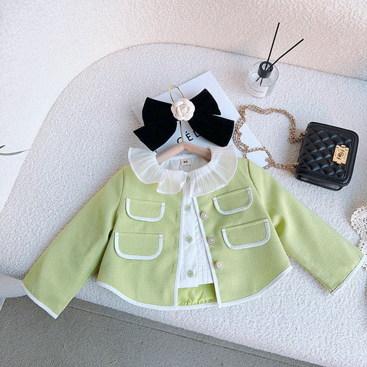 Girls Solid Green Ruffle Lace Neck Pockets Cardigan&Skirt Casual Sets