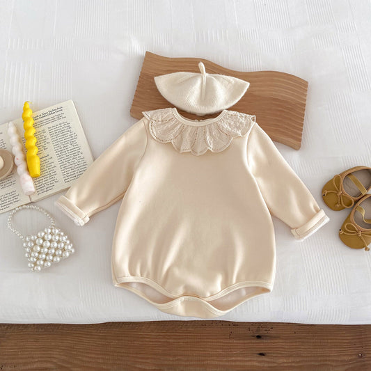 Newborn Baby Girls Crew Neck Lace Collar Long Sleeves Solid Beige Thick Warm Onesie