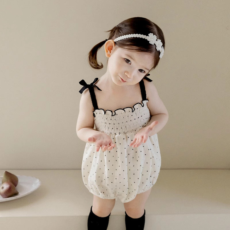 Summer Arrival Baby Girls Cute Dots Pattern Sleeveless Pleated Strap Onesies